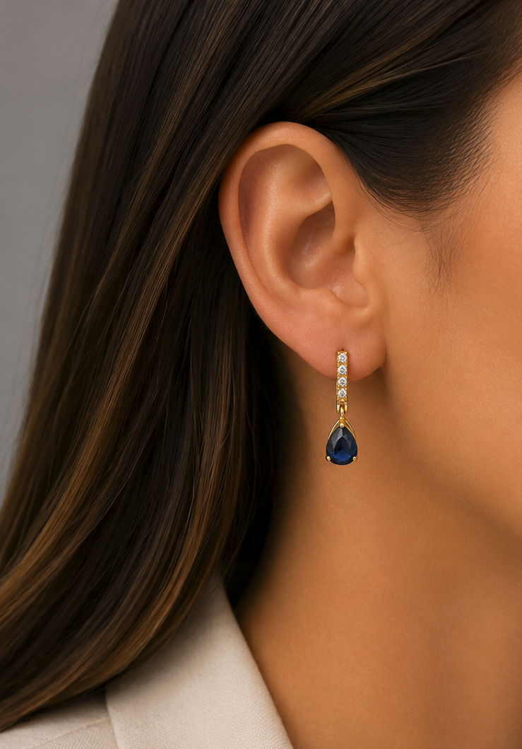 Brinco Gota Safira Azul e Brilhantes